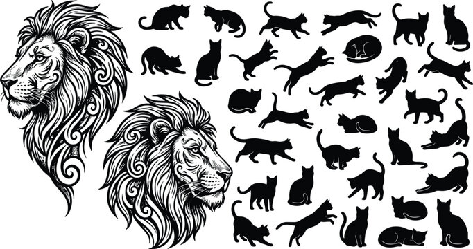 Lion head heraldic emblem engravings with black cat poses silhouette vector mega collection isolated on white