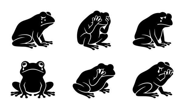 Sad Frog Vector Icons, Crying Amphibian Illustrations, Emotional Animal Silhouettes, Expressive Frog Faces