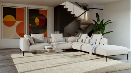 Obraz premium 3D render, illustration Large Luxury modern living room interior, brutalist architecture realistic lighting, Graphic Overlay wide angle, contemporary furniture, clean lines, minimalist decor, elegan