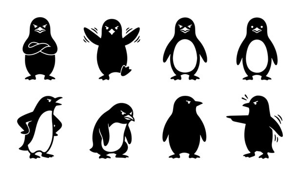 Set of 8 Angry Penguin Vector Illustrations, Expressive Cartoon Characters, Black and White Animal Icons for Digital and Print Use