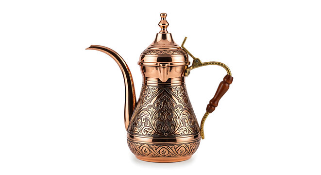 Ornate copper arabic coffee pot with intricate engravings serving pot tea pot middle eastern traditional engraved embossed drinkware kitchenware hospitality oriental decorative beverage