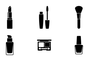 Obraz premium Cosmetic Icons Set: Lipstick, Mascara, Brush, Foundation, Eyeshadow, Nail Polish, Beauty Essentials, Makeup Collection, Vector Graphics for Glamour and Style