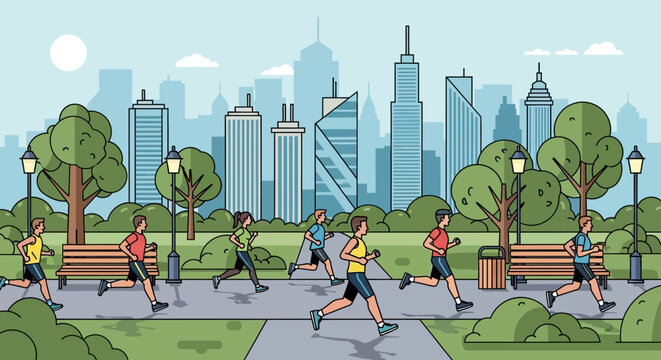 People Running on City Park Path.