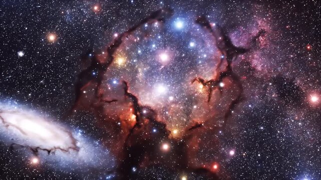 A stunning composite image showcases a bright star, a spiral galaxy, and vibrant nebulae against a backdrop of countless stars in deep space.