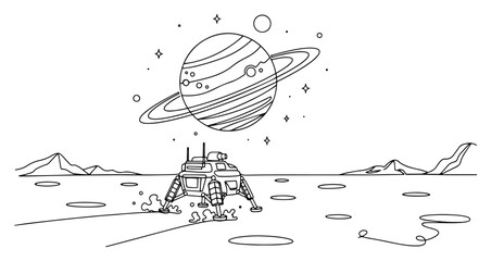 Space lander on lunar surface with ringed planet in background in single line style © Cristiano