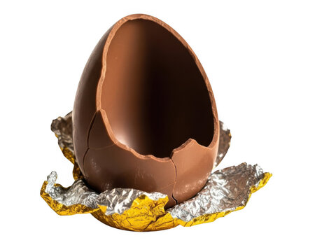 Broken chocolate easter egg in gold foil wrapper isolated on transparent background
