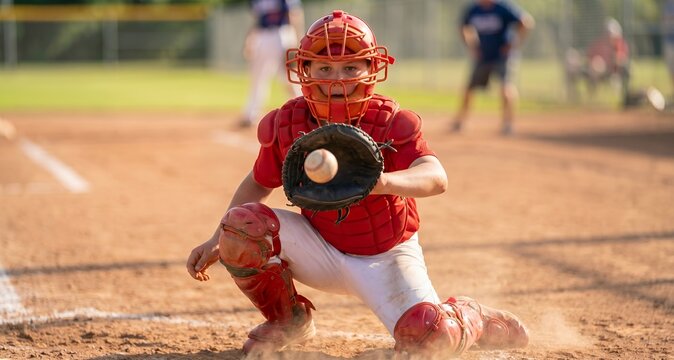 Young youth baseball catcher in red gear and helmet catching ball with mitt behind home plate