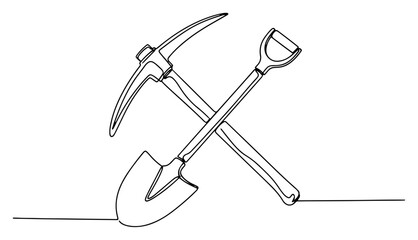 Crossed pickaxe and shovel mining tools in minimalist continuous line style © Cristiano
