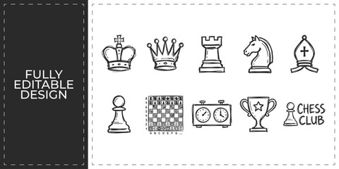Hand drawn chess game logic strategy icons featuring king queen rook and board pieces flat vector illustration icon bundle set high resolution © Ashik  Khan