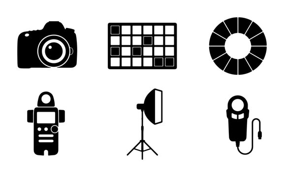 Photography Equipment Icons Set, Camera Gear Symbols, Lighting Tools Collection, Professional Studio Accessories, Vector Graphics