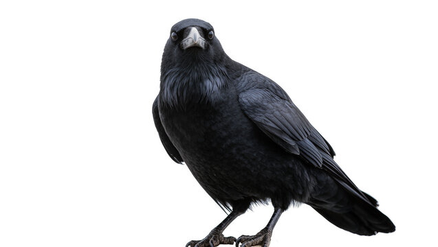 Isolated black crow, a majestic wild bird standing and intently looking directly at camera