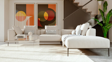 Obraz premium 3D render, illustration Large Luxury modern living room interior, realistic lighting, wide angle, contemporary furniture, clean lines, minimalist decor, elegant home design, large window
