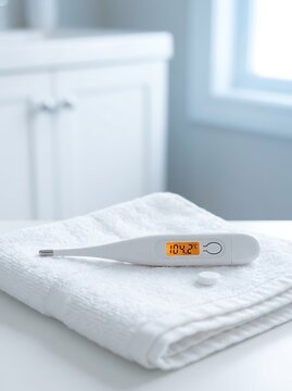 A digital thermometer showing a high temperature of 104.2 degrees Fahrenheit rests on a clean white towel next to a pill, suggesting illness or fever.
