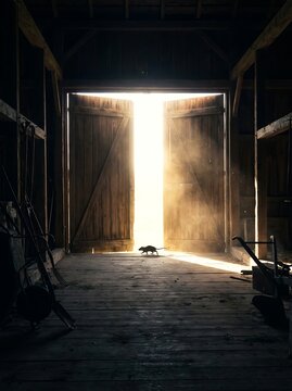 A silhouette of a mouse scurrying through a dusty barn, illuminated by the bright light streaming through the open doorway. The rustic wooden interior adds to the atmosphere of this charming scene