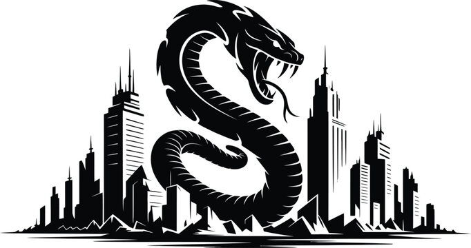 A large snake vector eps illustration rises over a city skyline at dusk.
