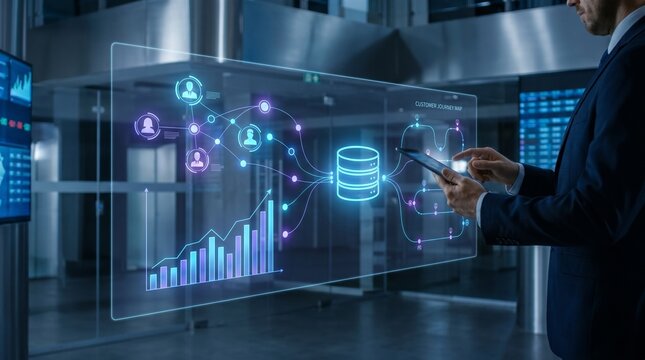 Businessman Interacting with Customer Data Platform Holographic Interface