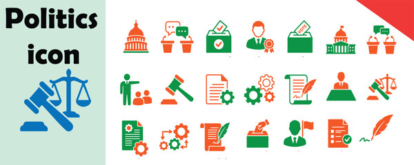 Fototapeta premium Politics and government icon set with justice scales flat design politics government election building document administration decision authority parliament congress illustration business