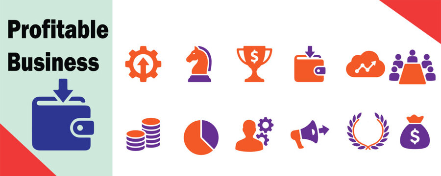 Profitable business and finance icons set with pie chart profitable business statistics investment strategy management marketing negotiation transaction cogwheel planning analysis