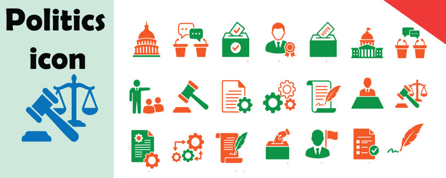 Politics and government icon set with justice scales flat design politics government election building document administration decision authority parliament congress illustration business