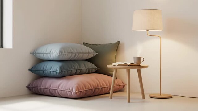 This video shows an empty room transforming into a cozy reading nook. Soft cushions, a lamp, and a book create an inviting, peaceful atmosphere.