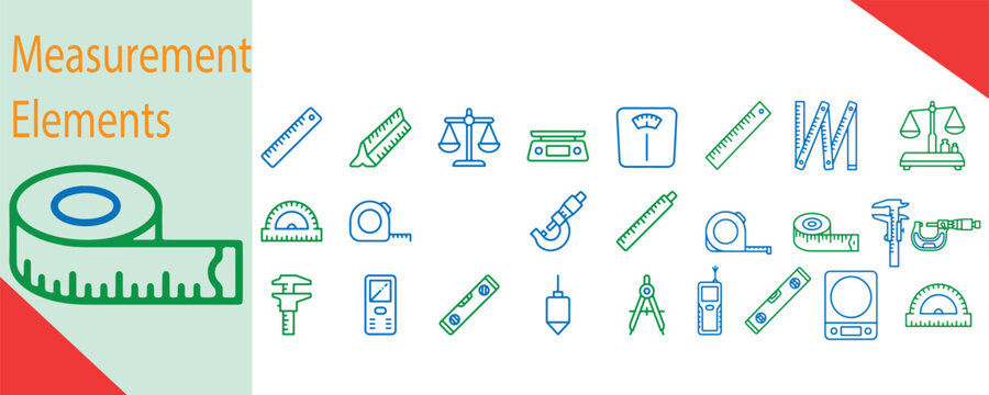 Measurement elements icon set with tape measure and scales weight scale measurement elements precision accuracy dimension quantity engineering construction illustration instrument analysis