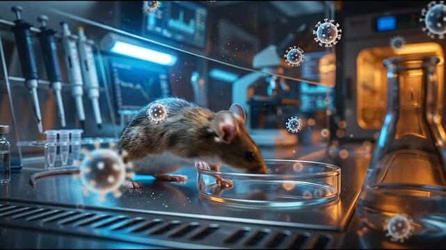 Mouse in high tech laboratory with virus digital overlays