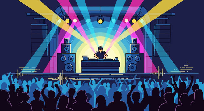 DJ performing on stage with crowd.