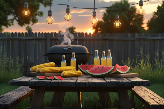 Rustic Backyard BBQ Cookout with Smokin Grill Corn and Watermelon at Sunset