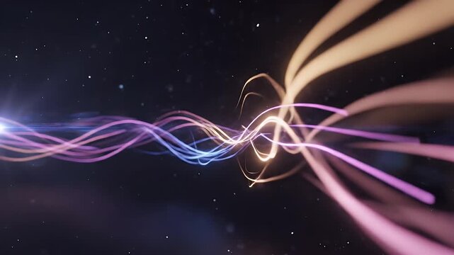 Abstract light trails streak across a dark, star-filled background, creating a dynamic and futuristic visual effect.