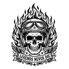 Fototapeta premium Biker Skull with Flames Legends Never Die