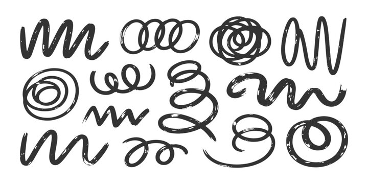 Set of black hand drawn scribble line art elements including squiggles, loops, and spirals vector illustration.