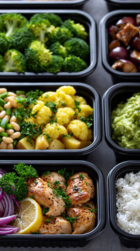Healthy meal prep containers with grilled chicken, fresh vegetables, and balanced sides prepared for weekly clean eating.