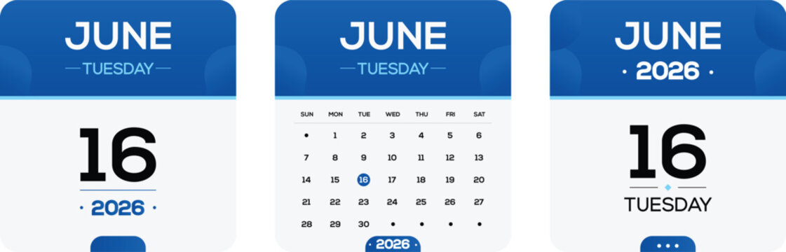 June 16 2026 Tuesday calendar date design, blue modern monthly planner template, printable appointment reminder, event schedule graphic, minimalist digital calendar page for social media post layout