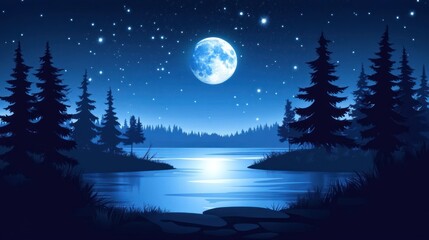 Fototapeta premium Moonlit lake in the forest at night starry sky nature landscape illustration
