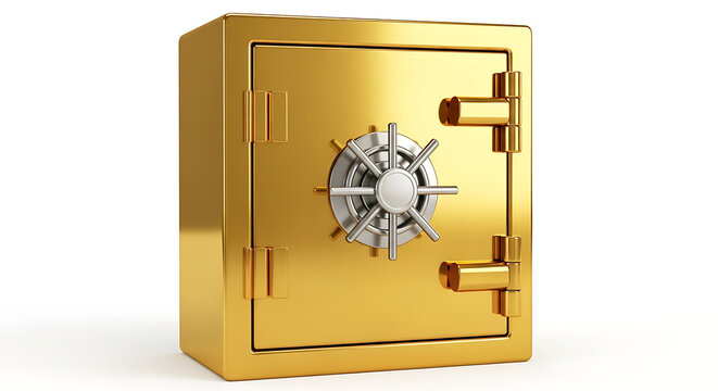 Golden bank safe with combination lock isolated on white background safety deposit box money box precious metal security treasure protection business investment strongbox metallic isolated