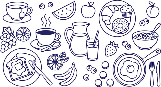 Whimsical hand-drawn breakfast and fruit illustration with coffee, tea, and assorted pastries in a lively setting.