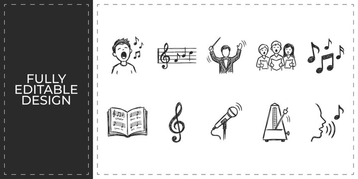 Hand drawn musical notation and audio symbols with treble clef notes and microphone icons flat vector illustration icon bundle set high resolution