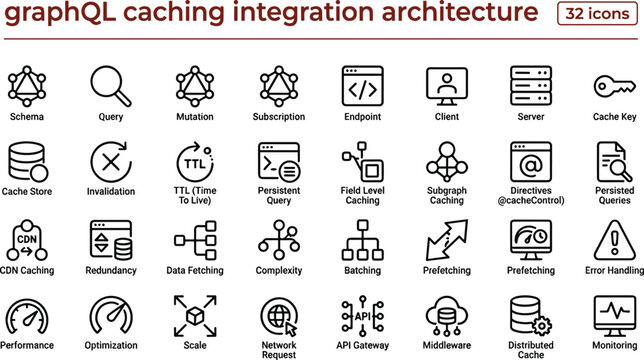 GraphQL Caching Integration Architecture Icon Set with API Network Data Workflow and Server Performance Symbols