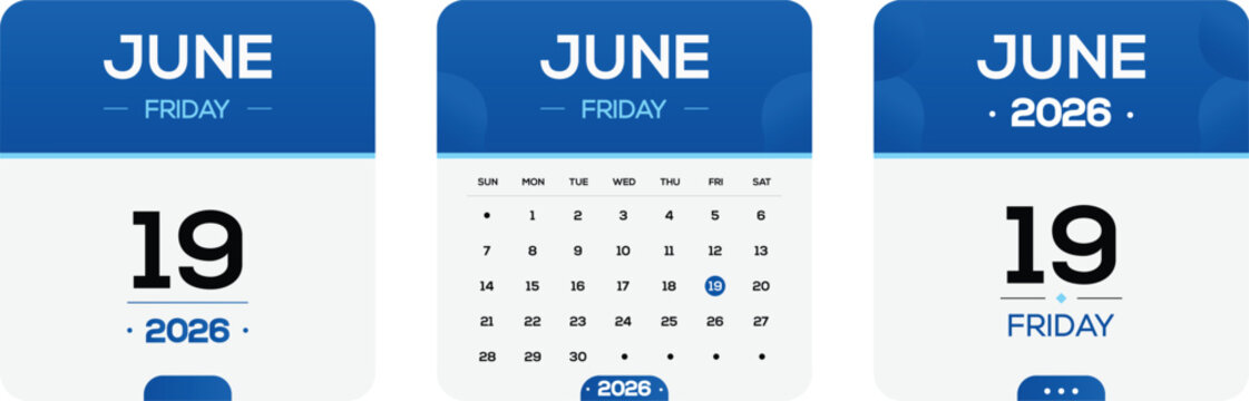 June 19 2026 Friday calendar date design, blue modern monthly planner template, printable appointment reminder, event schedule graphic, minimalist digital calendar page for social media post layout