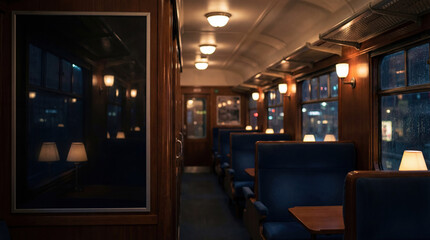 Fototapeta premium Vintage train interior blue seats wooden panels warm lighting cozy atmosphere night empty nostalgic travel window reflections