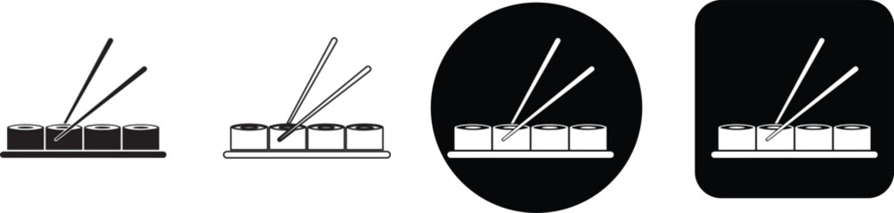 Minimalist Japanese sushi maki roll with chopsticks icon set with linear silhouette and badge vector designs © Nusrat