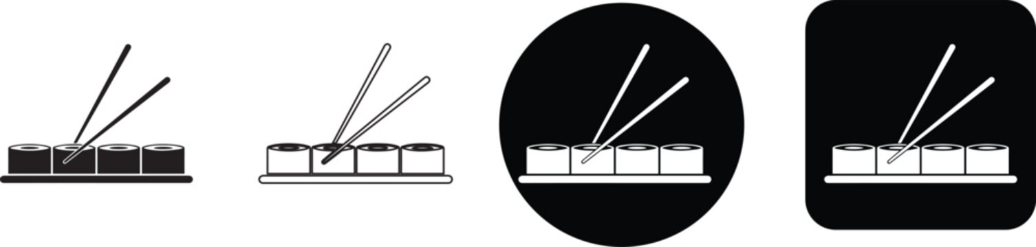 Minimalist Japanese sushi maki roll with chopsticks icon set with linear silhouette and badge vector designs