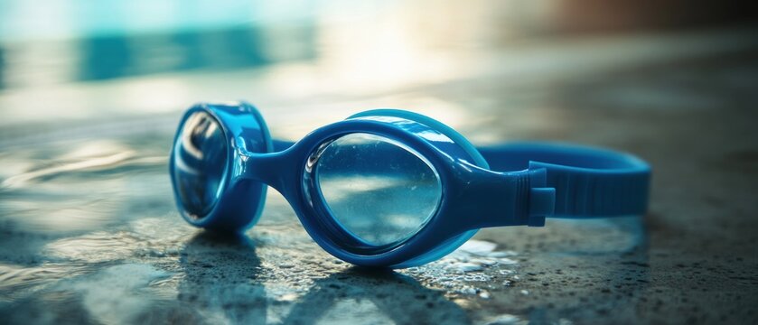 Blue swimming goggles on wet surface near pool