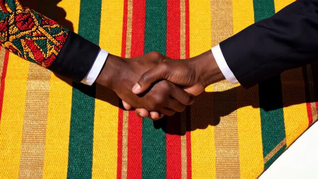 Two forearm shadows forming handshake on bright kente cloth yellow green red gold surface, sharp overhead shadows, lower copy space, Mandela Day unity equality solidarity symbolic African heritage sce