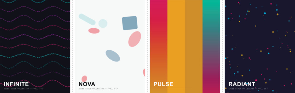 Modern abstract background set with Infinite Nova Pulse and Radiant themes, geometric vector patterns, colorful gradient textures for web design