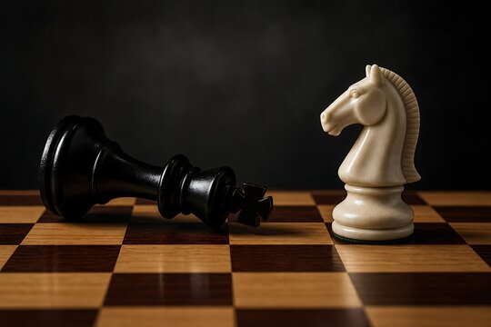 Black king chess piece lies defeated on a chessboard next to a triumphant white knight, symbolizing strategy and victory in competition.