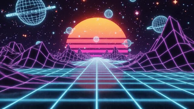 Retro sci fi landscape with geometric planets and neon grids