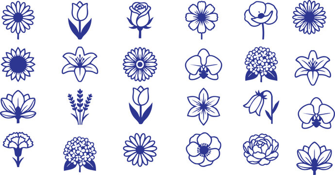 Collection of twenty-four hand-drawn blue floral illustrations, diverse flower types, elegant and simple line art style.