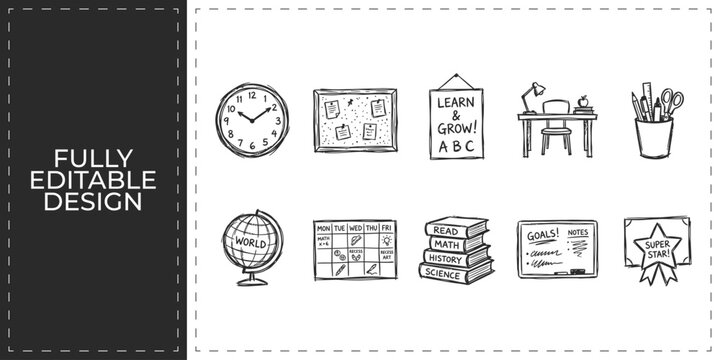 Hand drawn school and geography education icons with globe clock and classroom supply symbols flat vector illustration icon bundle set high resolution