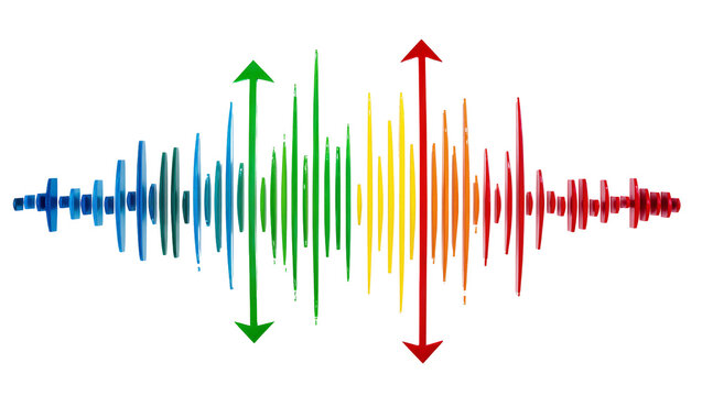 Isolated vibrant colorful sound wave visualization with spectrum bars and up-down arrows